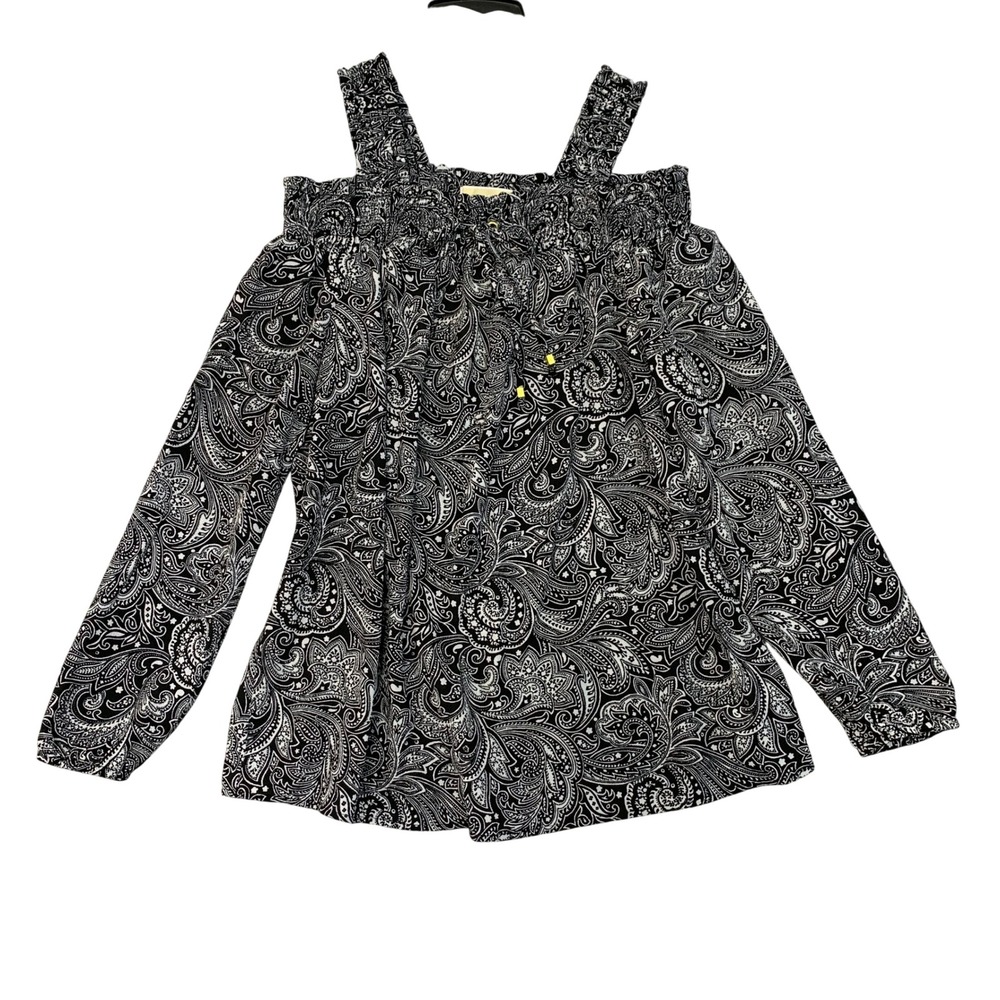 NWT Michael Michael Kors Women's L Black White Cold Shoulder Paisley Blouse
